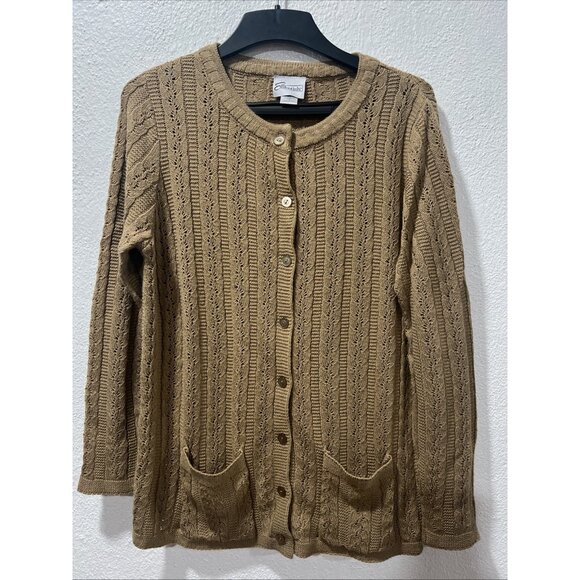 Easy Essentials Cable Knit Long Sleeve Sweater Cardigan Tan 2 Pockets XL cozy - Picture 1 of 12